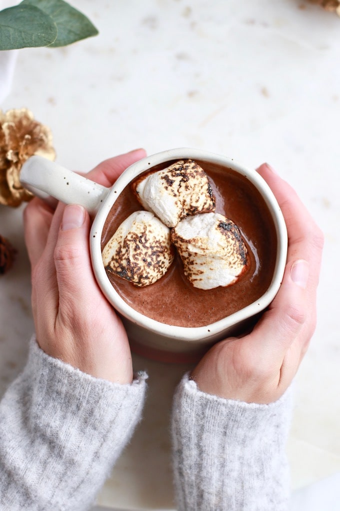 This delicious, homemade healthy hot chocolate recipe is perfect for the winter season. It's made with nourishing ingredients, fortified with iron, and naturally dairy free and paleo. It can easily be made vegan and is the best healthy version of hot cocoa you'll try! 