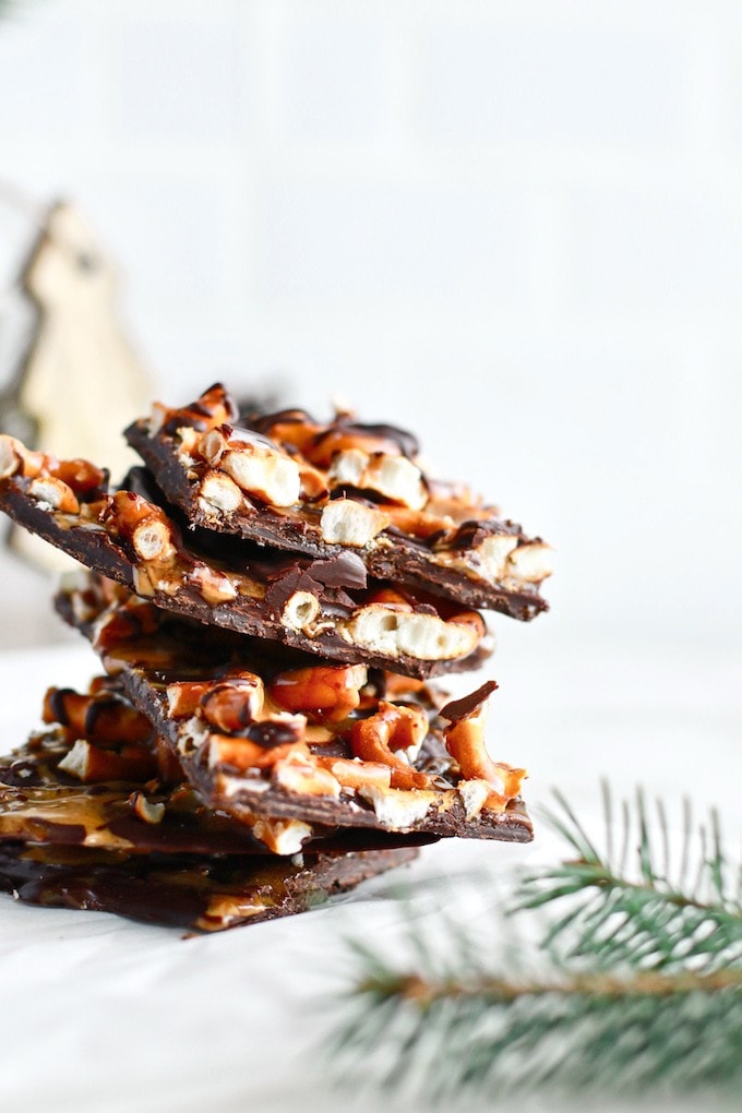 Healthy Dark Chocolate Bark with Salted Caramel, Peanut Butter and Pretzels