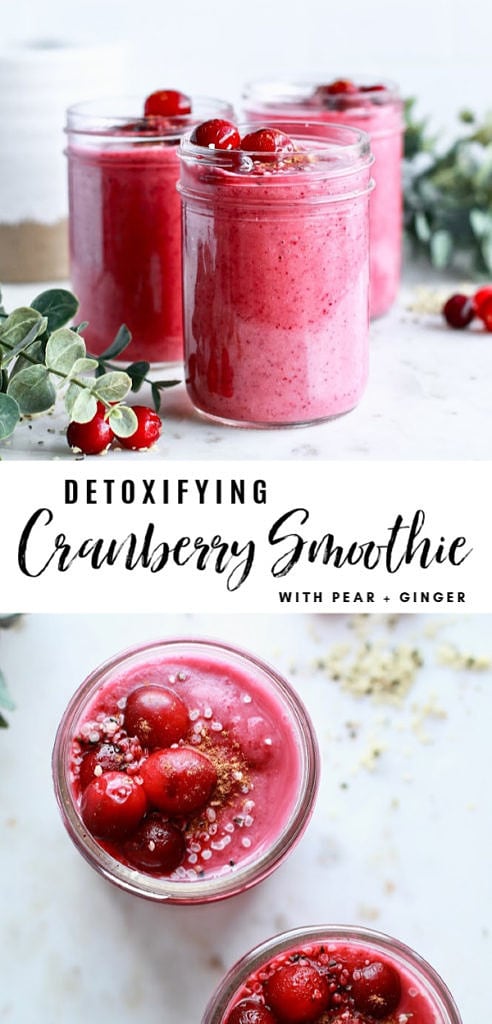 This healthy cranberry smoothie recipe has delicious festive flavours and works to detox the body around the holiday season! It is dairy freee and gluten free and boost digestion with it's whole food ingredients including pear, ginger, cinnamon, and collagen protein!
