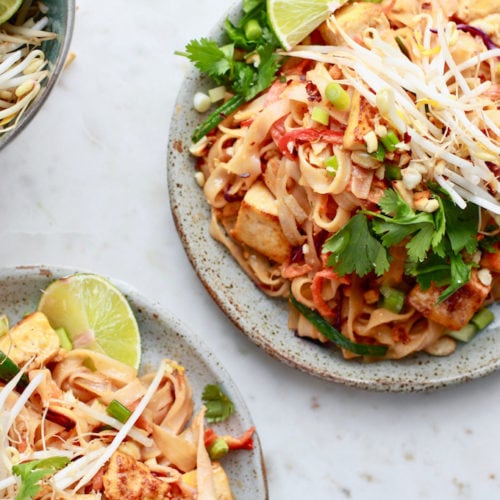 Easy, quick, and tasty healthy Pad Thai noodles recipe with an easy gluten free peanut sauce