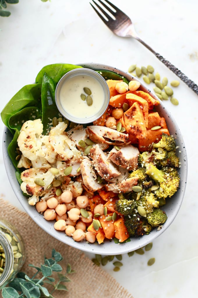 Roasted Veggie Winter Buddha Bowl with Chicken - perfect for any meal - gluten free and dairy free!