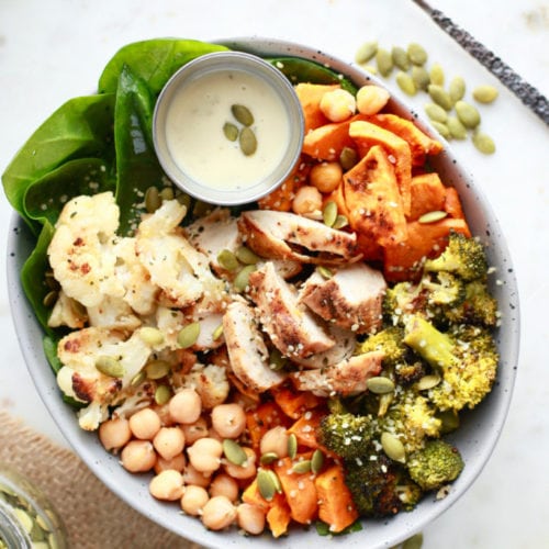 Roasted Veggie Winter Buddha Bowl with Chicken - perfect for any meal - gluten free and dairy free!