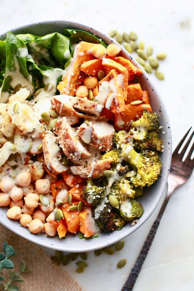 This Roasted Veggie Winter Buddha Bowl with Chicken is dairy free, gluten free, and loaded with nourishing ingredients. 