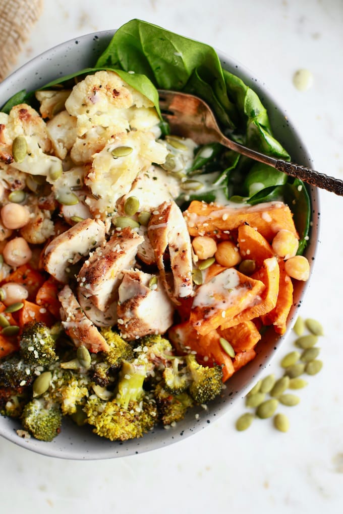 This Roasted Veggie Winter Buddha Bowl with Chicken is a perfect, filling, healthy meal!