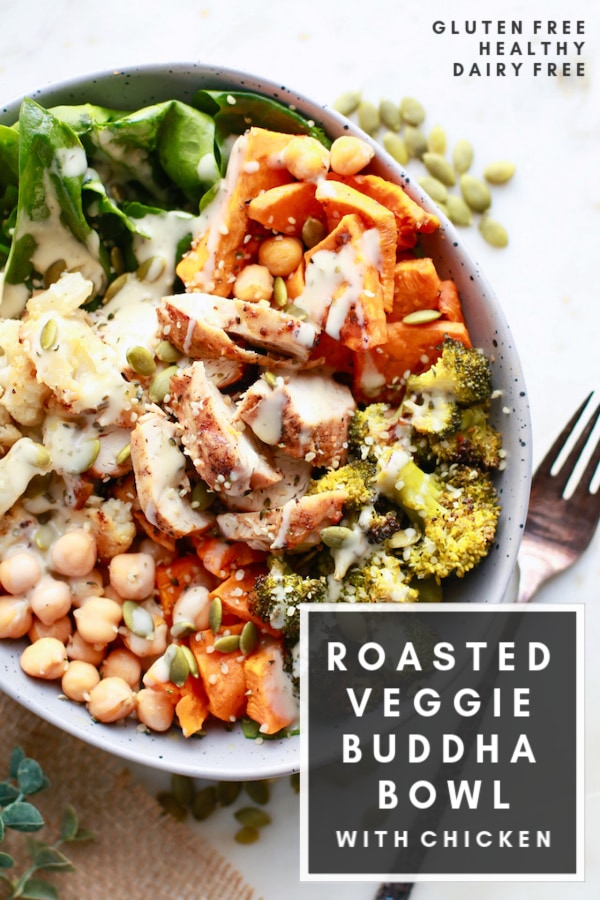 This delicious buddha bowl recipe contains healthy, whole food ingredients and chicken, but can easily be made vegan or vegetarian with the use of tofu. The dressing is my favorite paleo ranch but you can use your top choice of sauce or dressing! This is truly the perfect clean eating meal, and great for meal prep!