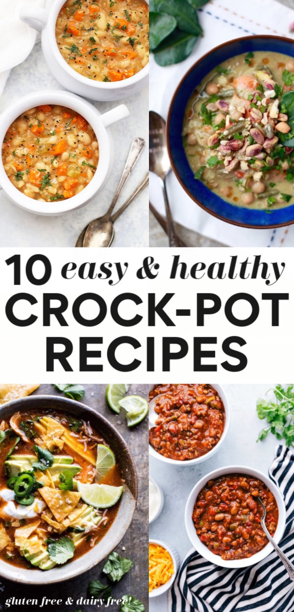 These 10 easy and healthy crockpot recipes are gluten free, dairy free, delicious and comforting and made with clean, whole food ingredients. There's vegetarian options, recipes with chicken or beef, and all are freezer and kid friendly dinners that make great leftovers! 