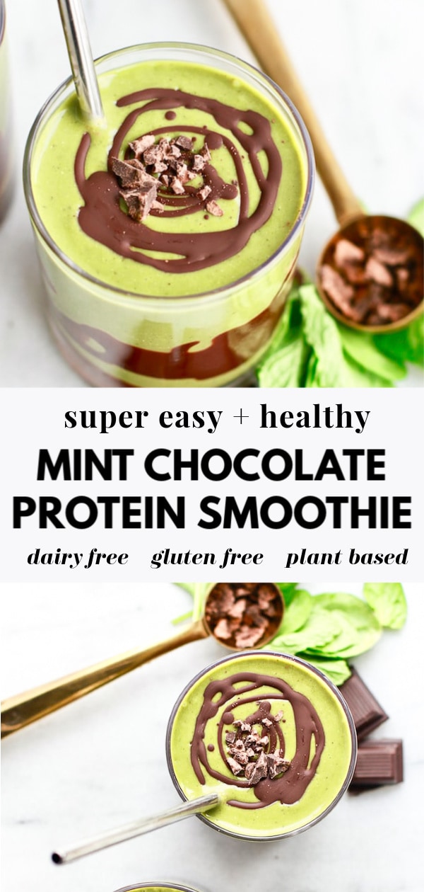 collage of protein green smoothie with mint and chocolate