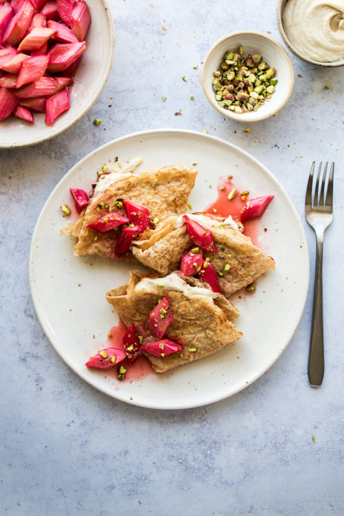 10 Healthy Buckwheat Pancake Recipes To Drool Over // Buckwheat Crepes with Cashew Cream & Rhubarb from Lazy Cat Kitchen