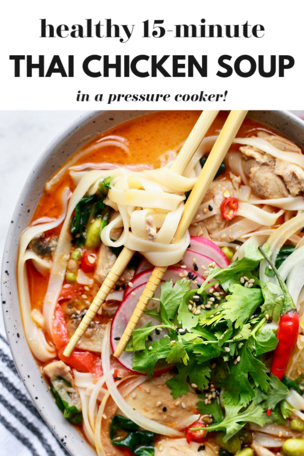 This delicious and easy Thai chicken soup recipe with coconut and rice noodles is healthy, slightly spicy, dairy free, and gluten free made in just 15-minutes in the crockpot express crock pressure cooker (it’s a slow cooker too!). Full of spring vegetables and super nourishing, enjoy this soup even as the weather gets warmer!