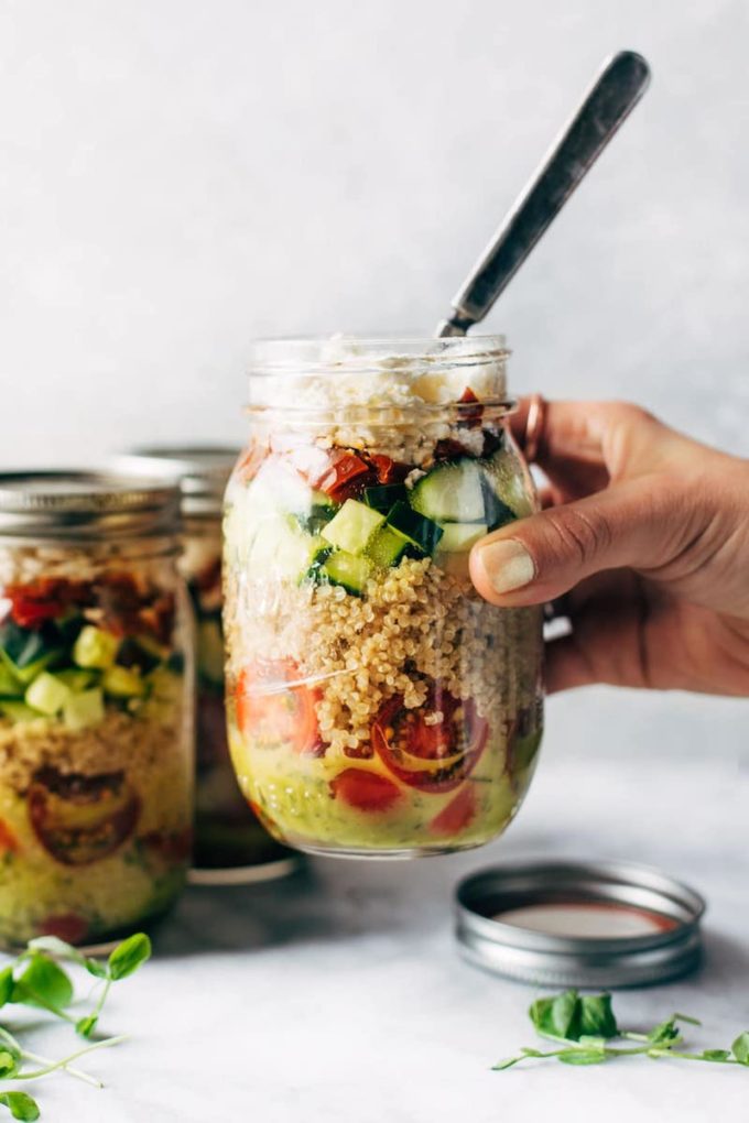 22 Make-Ahead Healthy Camping Recipes - Quinoa Summer Salad Jar from Pinch Of Yum