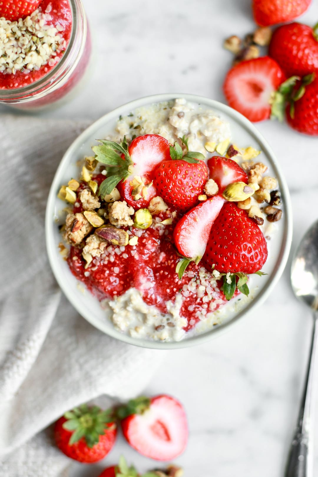 Healthy Strawberry Overnight Oats with Strawberry Chia Seed Jam - vegan, dairy free, gluten free
