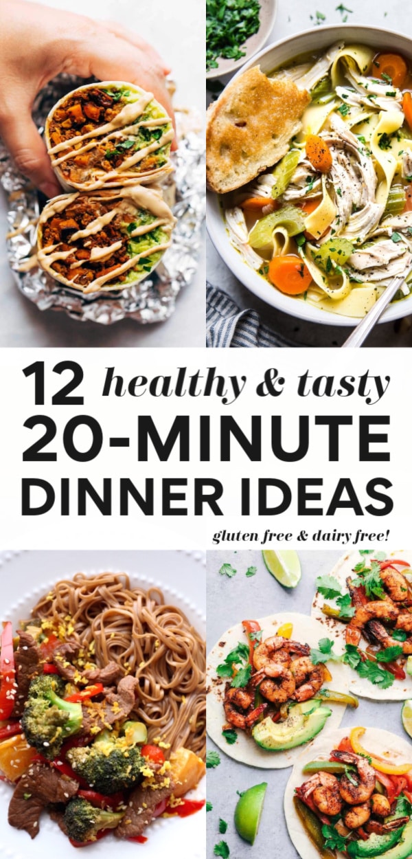 Try any of these 12 healthy and delicious 20-minute (or less!!) dinner recipes for quick and easy nutrition any night of the week. These ideas are all healthier, great for kids and the whole family, can easily be gluten free and dairy free and there are plant-based and vegan options too! 
