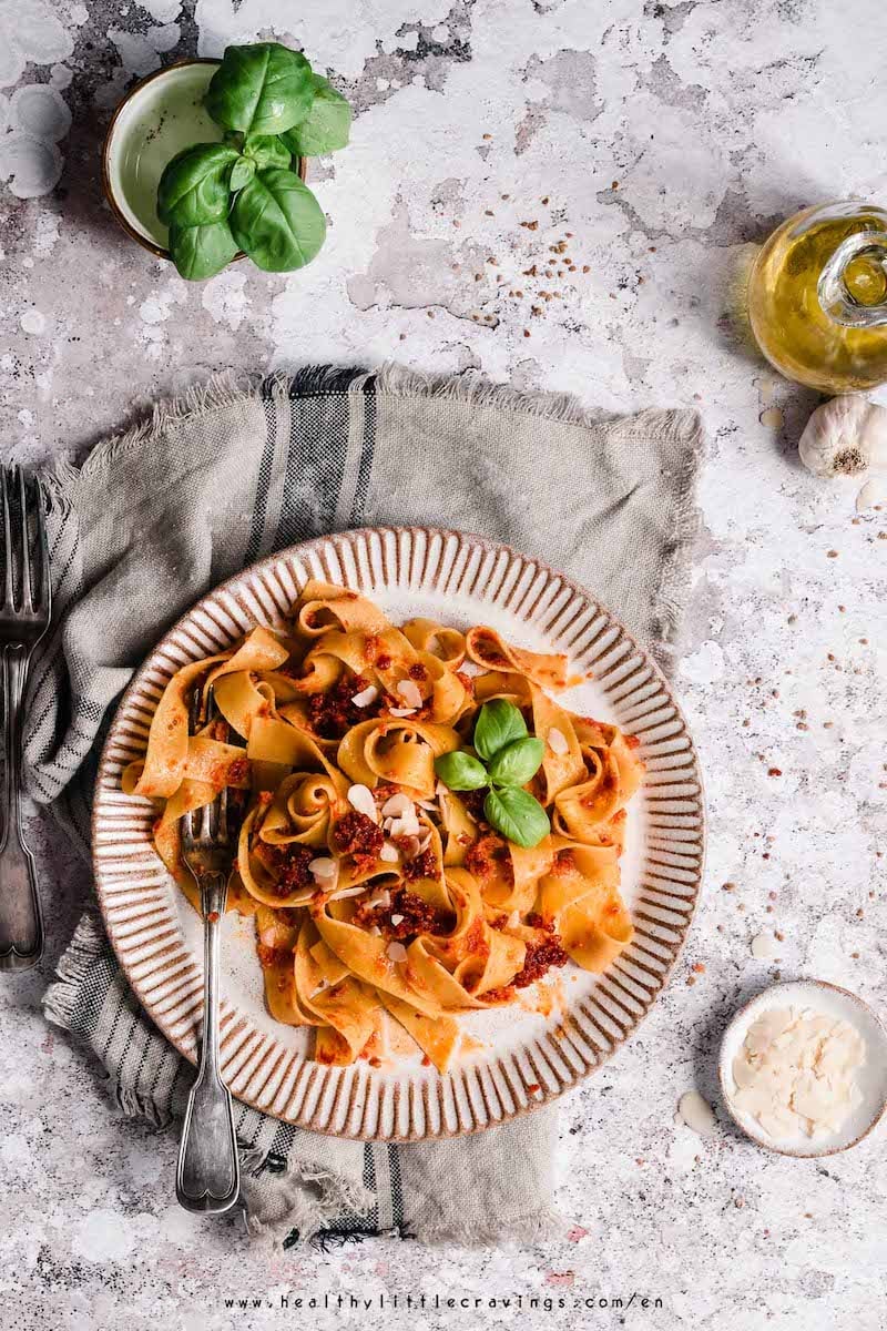 Healthy Pesto Recipes: 15 Unique & Delicious Options - Parpadelle with Tomato Pesto from Healthy Little Cravings