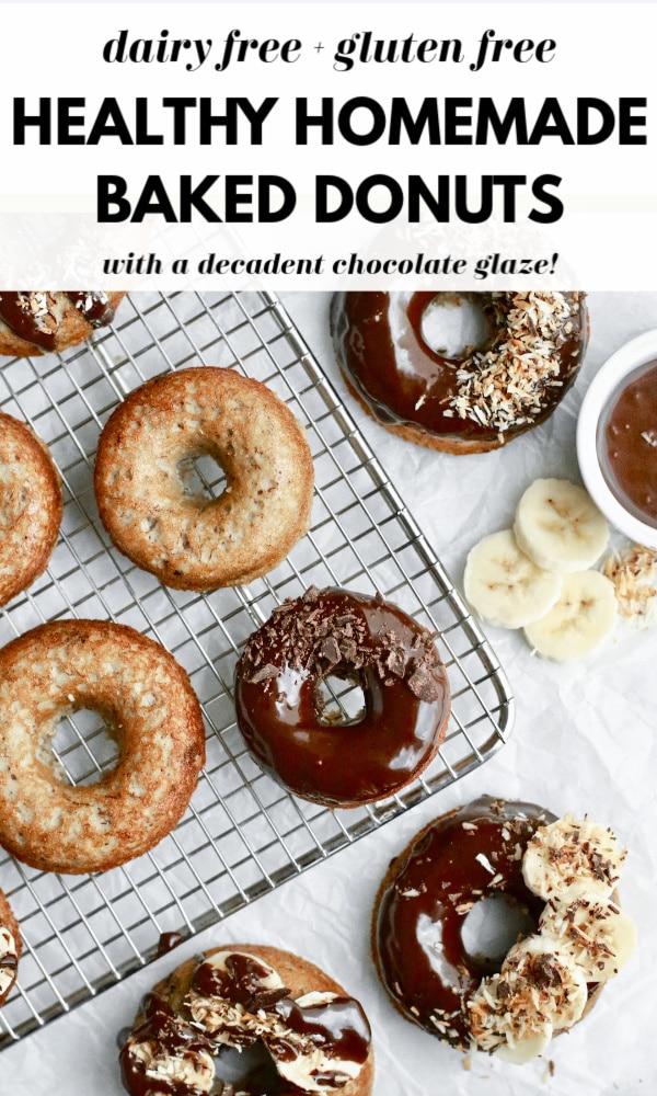 These mouthwatering homemade baked donuts have a cake like banana bread texture with dark chocolate chunks and a delicious and healthy naturally sweetened chocolate glaze! They are gluten free, dairy free, grain free, and made with no sugar! Easy donuts from scratch that are good for you!