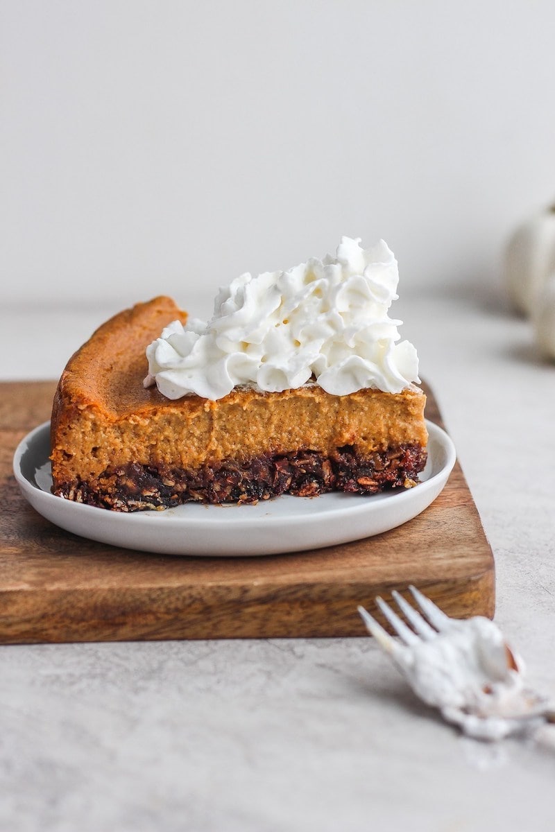 9 Drool-worthy Gluten Free, Dairy Free Pumpkin Pie Recipes -Creamy Baked Vegan Pumpkin Pie Cheesecake from The Wooden Skillet