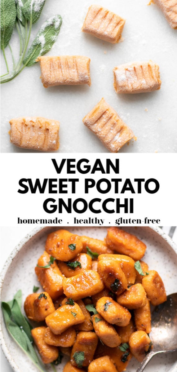 Try this delicious 4-ingredient homemade vegan sweet potato gnocchi recipe that is also gluten free and made with a delicious vegan sweet sage butter sauce (naturally sweetened with coconut palm sugar. This gnocchi makes the perfect healthy and easy dinner, lunch, or side dish (great for thanksgiving or an occasion too!).