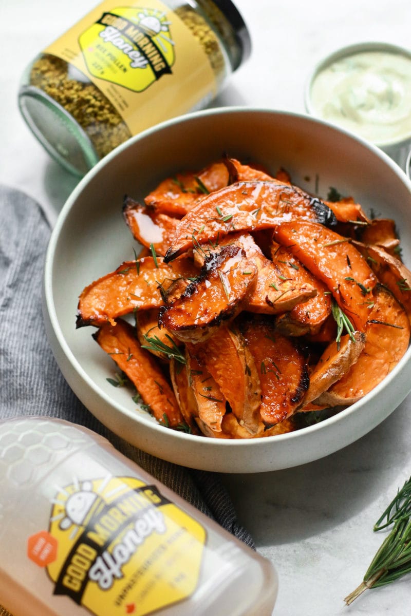 The Best Honey-Roasted Sweet Potato Wedges with Tahini Sauce