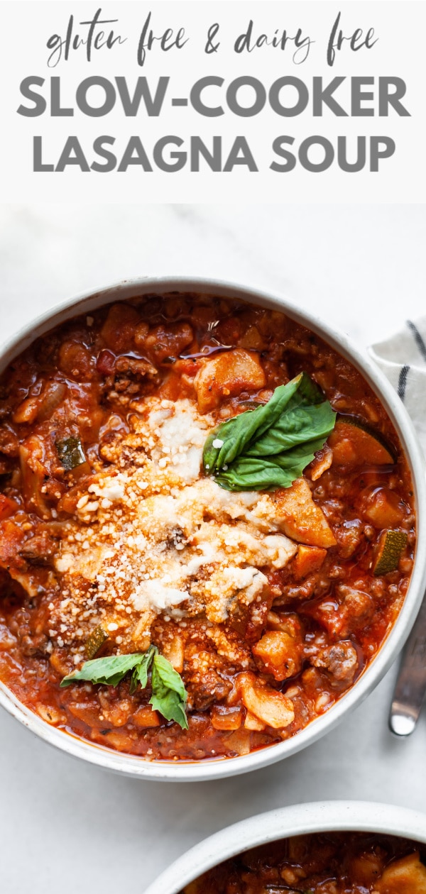 This delicious slow cooker lasagna soup is so easy to make and can be done in a crockpot or instant pot too. Loaded with a mix of vegetable and ground beef this recipe is also dairy-free, gluten-free, and can easily be made vegan using a veggie ground. Comfort food made healthy! 