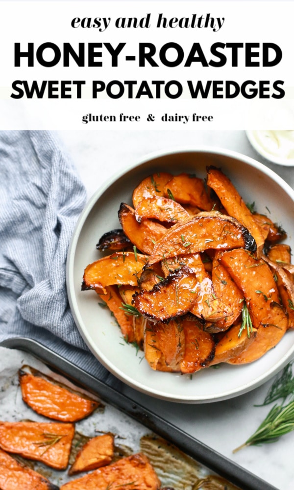 These delicious oven roasted healthy sweet potatoes with honey are baked to perfection and top the charts for sweet potato recipes. Crispy and soft, a great substitute for fries, these wedges are great as a side or to add to a salad or power bowl. Great for Thanksgiving too! 