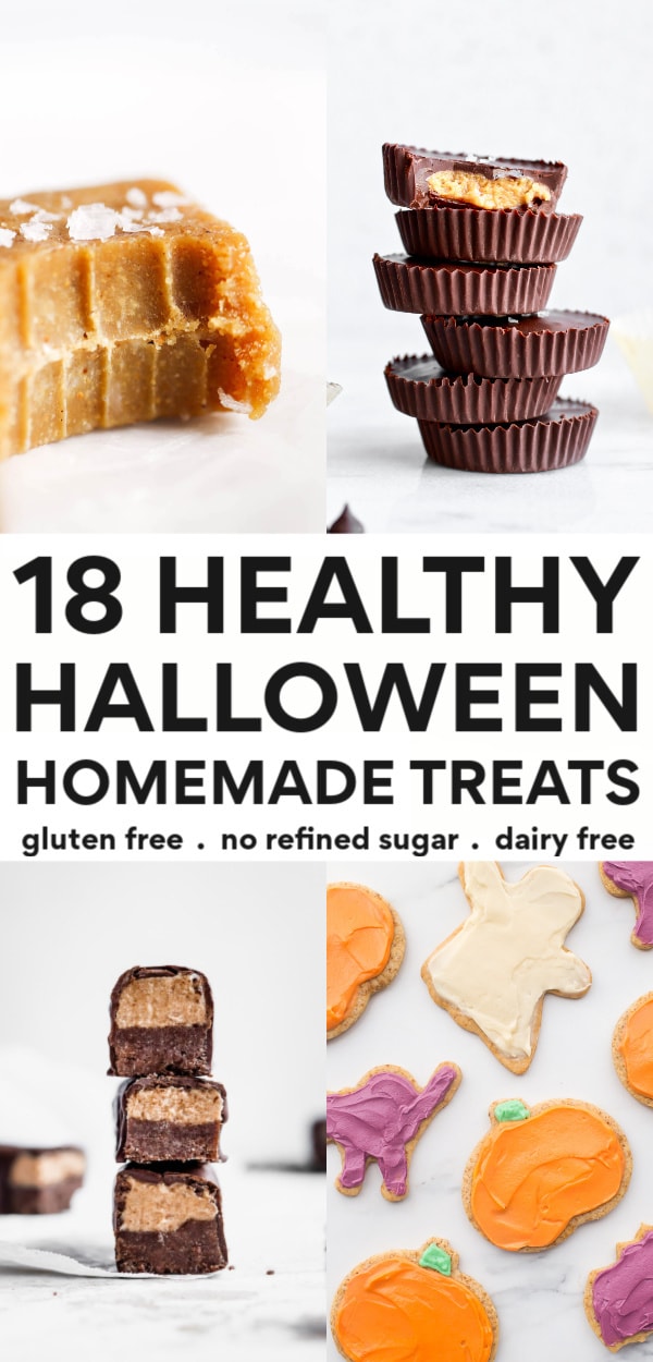 Check out these 18 healthy halloween treats that are easy to make, gluten free, dairy free, awesome, and fun! Perfect options for kids, for work, to hand out, and even for toddlers or party ideas. There’s everything from homemade candy bars to caramel apples to popcorn, and DIY snickers! No refined sugars and so much healthier than traditional halloween candy! 