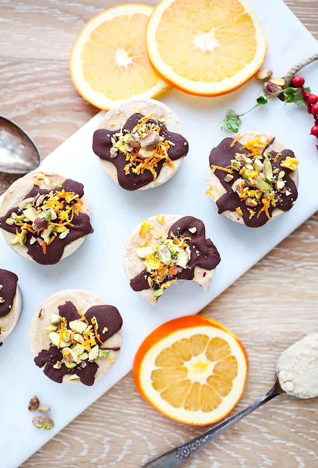 Mini Dairy Free Vegan Cheesecakes with Chocolate and Orange and added protein 