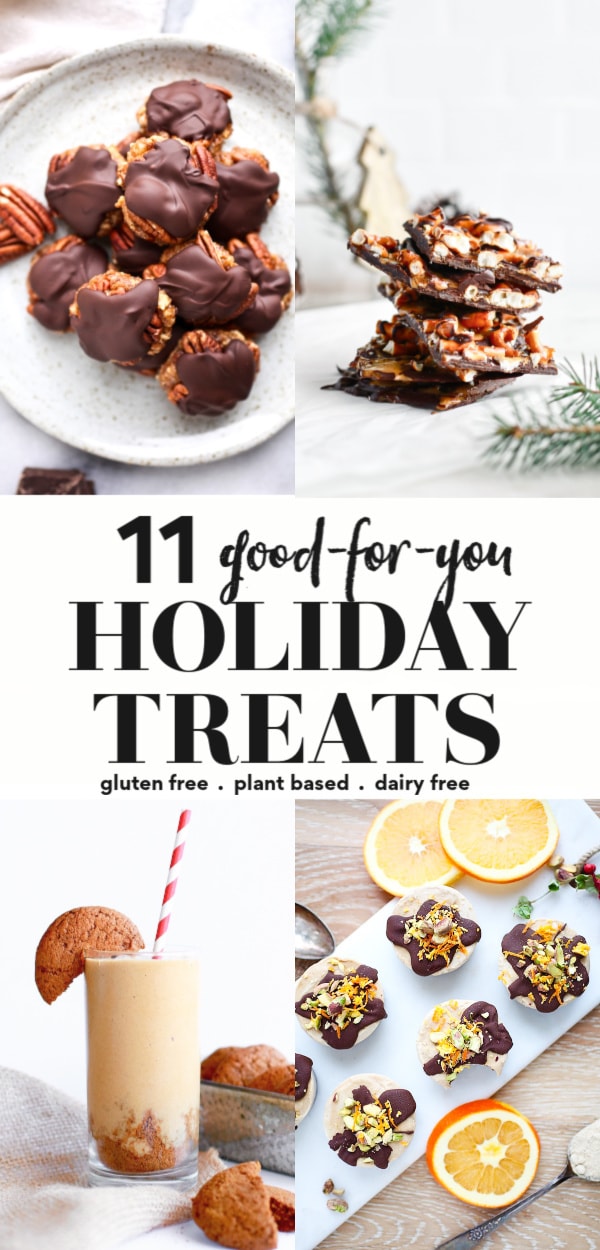  Try these 11 healthy holiday treats that are sure to please during the Christmas (and New Years!) season! They are healthy recipes that are good for kids and adults alike, great for snacks, desserts, and those who are following a clean eating diet. Gluten free, dairy free, plant based, vegan, paleo, and no sugar options! 