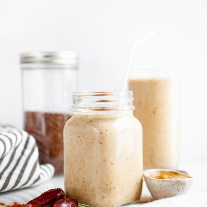 This healthy banana almond butter and medjool date smoothie recipe is the smoothie recipe of all smoothie recipes! It’s vegan (plant-based), packed with protein, so easy to make, full of fibre, and has a perfect touch of cinnamon! Great for breakfast or a snack or enjoy it as a smoothie bowl topped with your favourite granola!