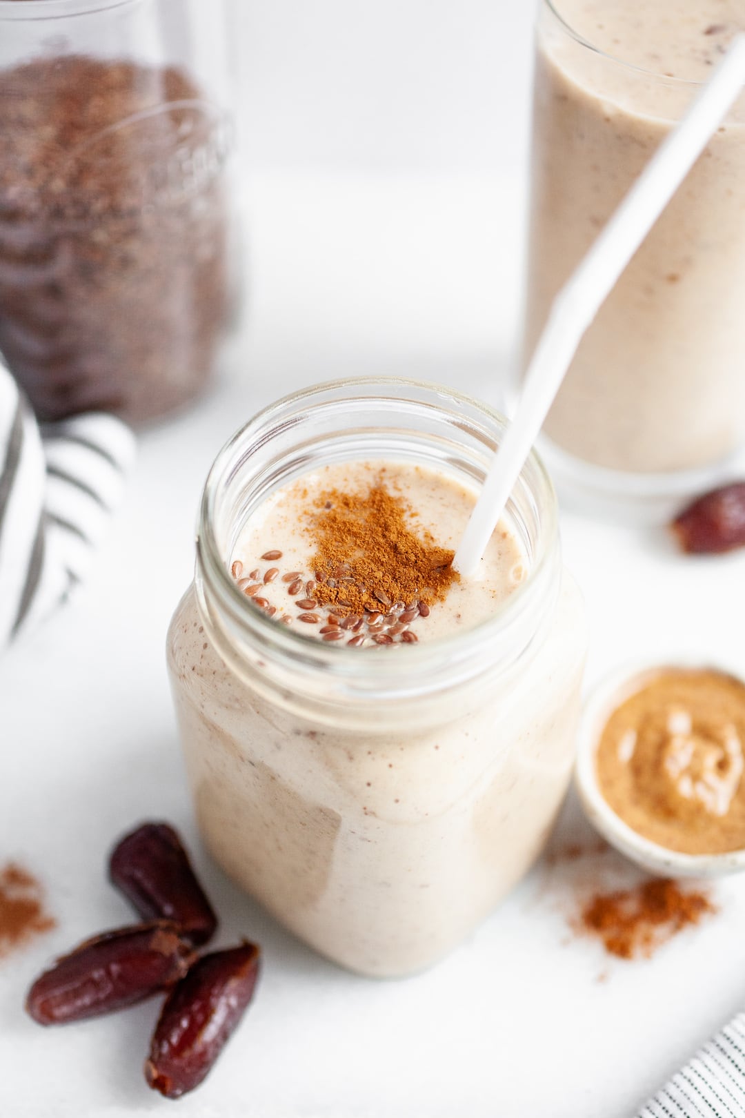 Banana Almond Butter Date Smoothie Recipe with cinnamon and flax