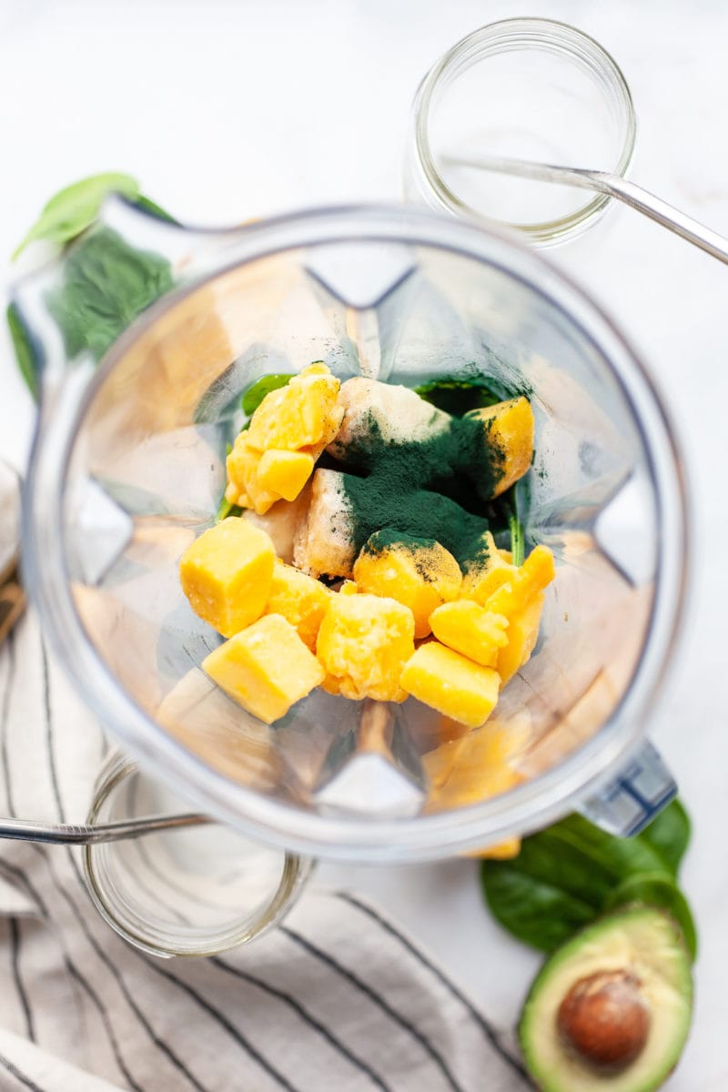 The Best Green Spirulina Smoothie in the Vitamix Blender with Mango and Banana