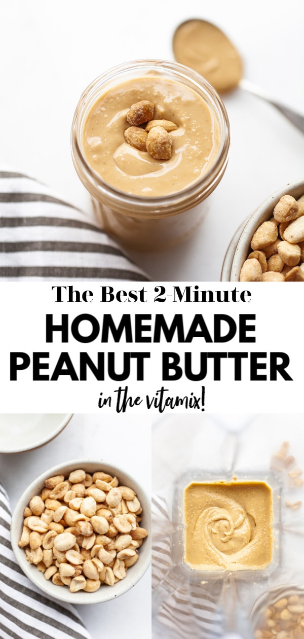 This delicious and super easy sugar free homemade Vitamix peanut butter recipe tastes just 2-minutes to make in the Vitamix or a high speed blender. There are flavor add-in options and information on how to make, how to store, and how to enjoy! 