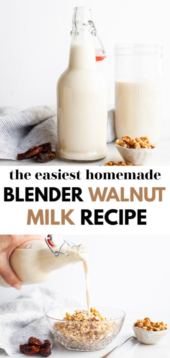 Try this super simple and easy homemade vitamix or blender walnut milk recipe (done two ways; vanilla and chocolate) and learn about the benefits of homemade walnut milk, how to make it as a DIY, and uses for this delicious milk such as in a healthy smoothie, with granola, or in savoury recipes!