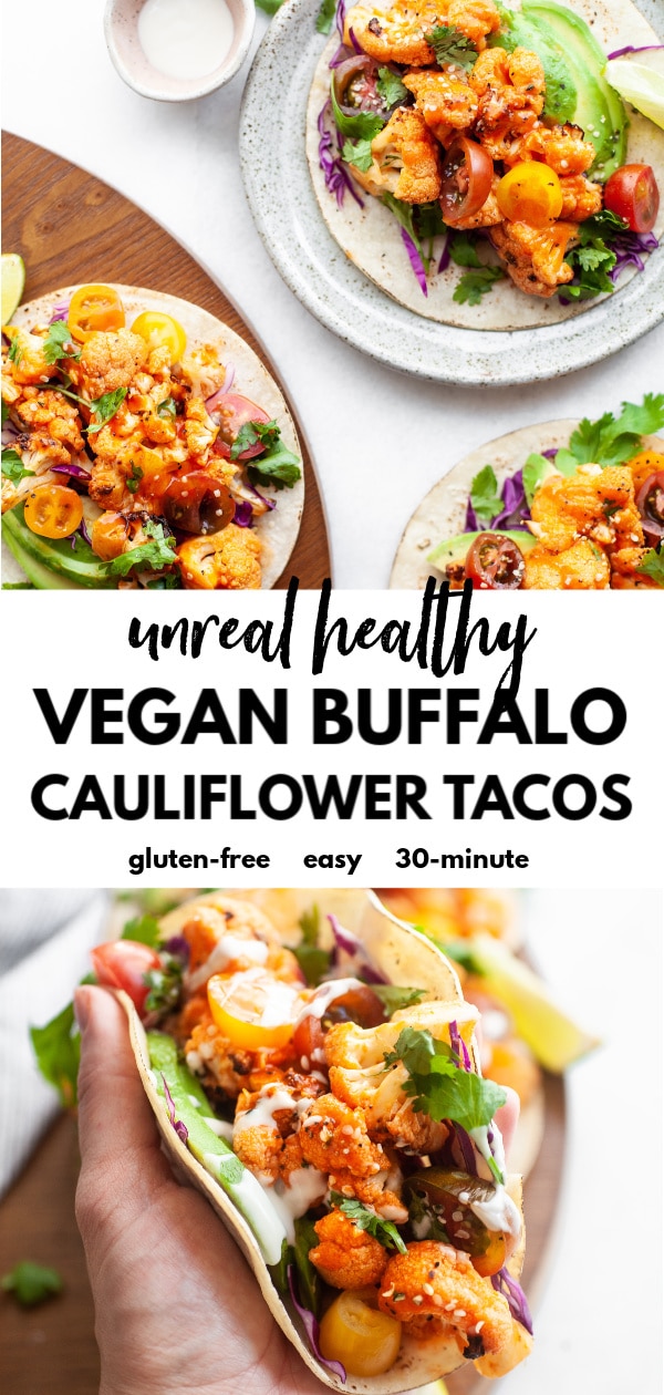 One of the best plant based taco recipes, these crispy roasted vegan buffalo cauliflower tacos are easy, healthy, perfectly spicy (but not too spicy) and loaded with veggie goodness, not to mention gluten free and dairy free too! 