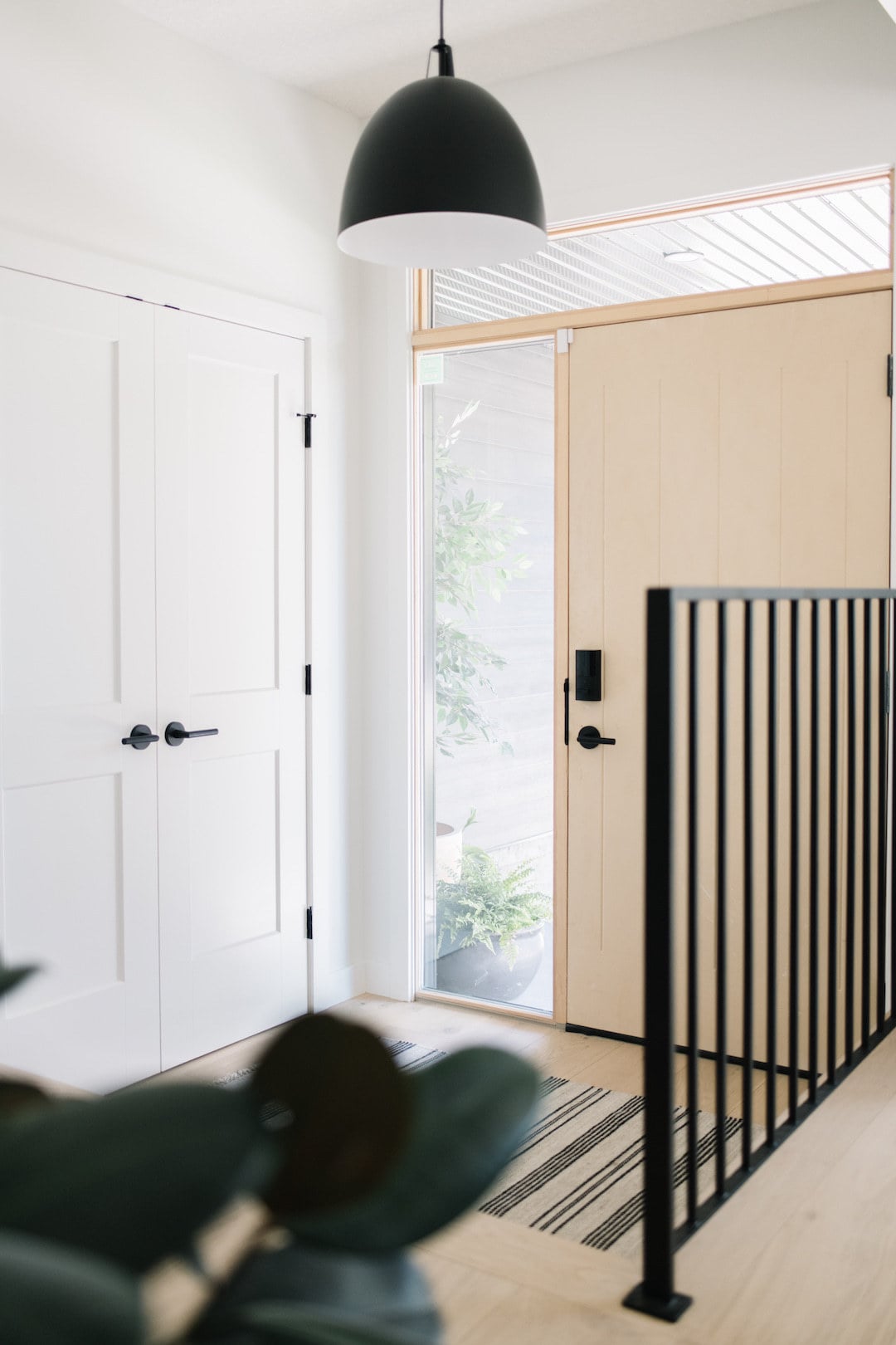 modern wood door entry with black iron railing