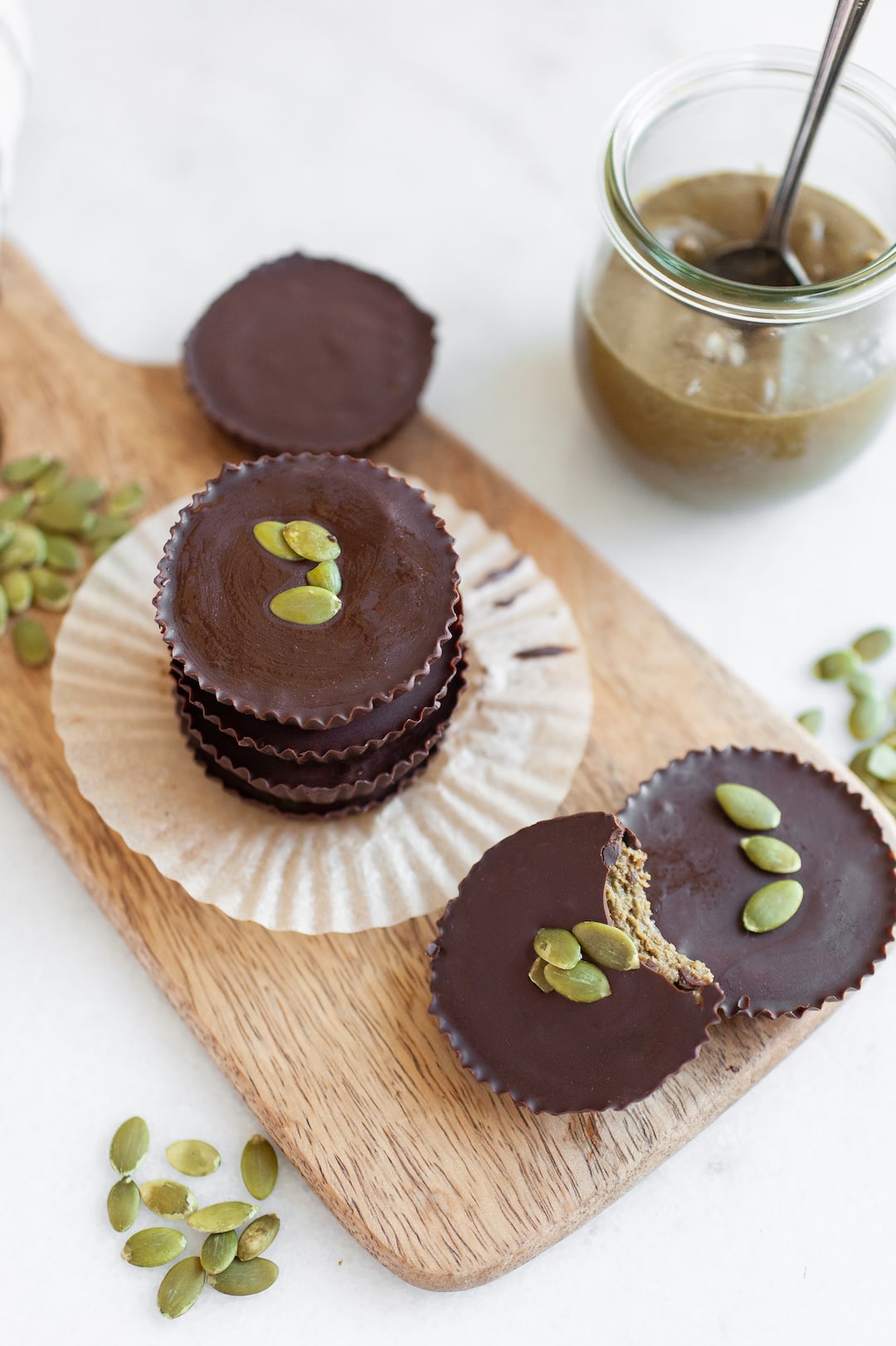 display of chocolate pumpkin seed butter cups
