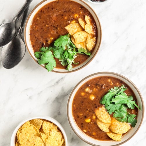 Two bowls of Easy Blender Vitamix Tortilla Soup with corn tortilla chips and cilantro garnish