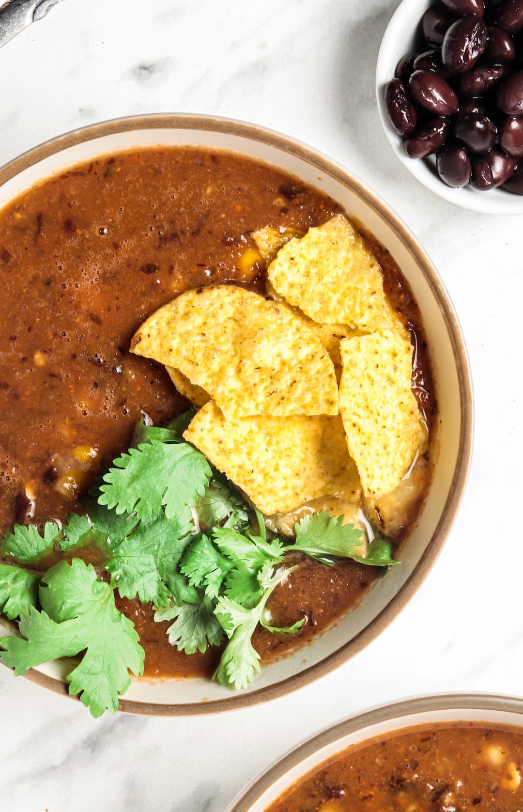 Easy Blender Vitamix Tortilla Soup with tortilla corn chips and cilantro