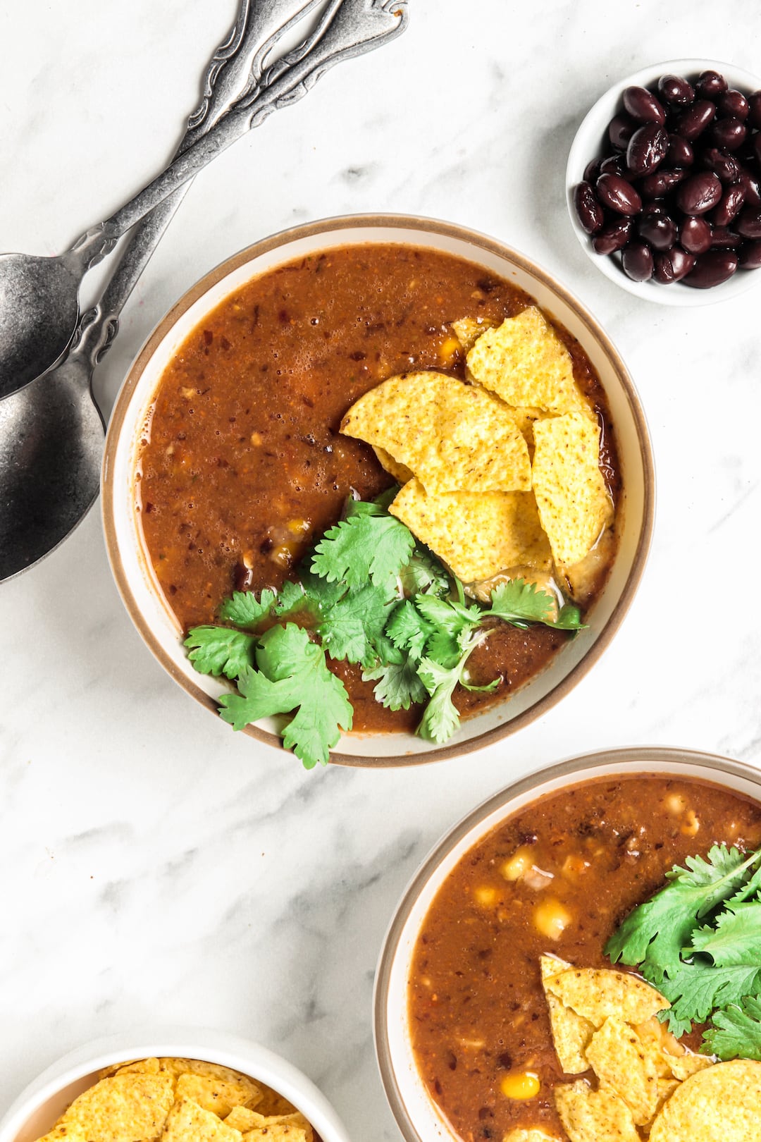Two bowls of Easy Blender Vitamix Tortilla Soup topped with tortilla chips and cilantro