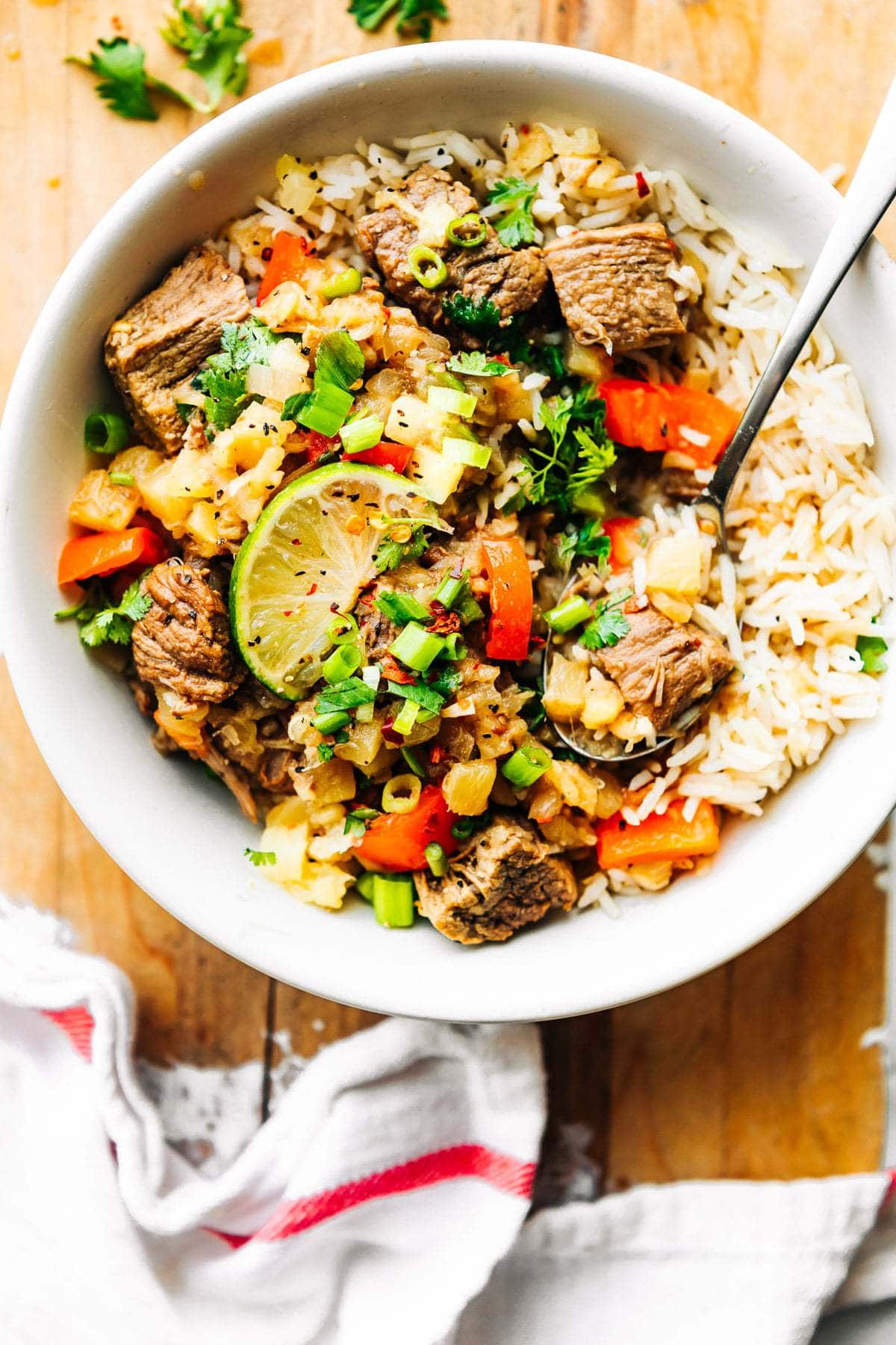 sweet-and-sour-slow-cooker-beef-hawaiian-beef- in a bowl