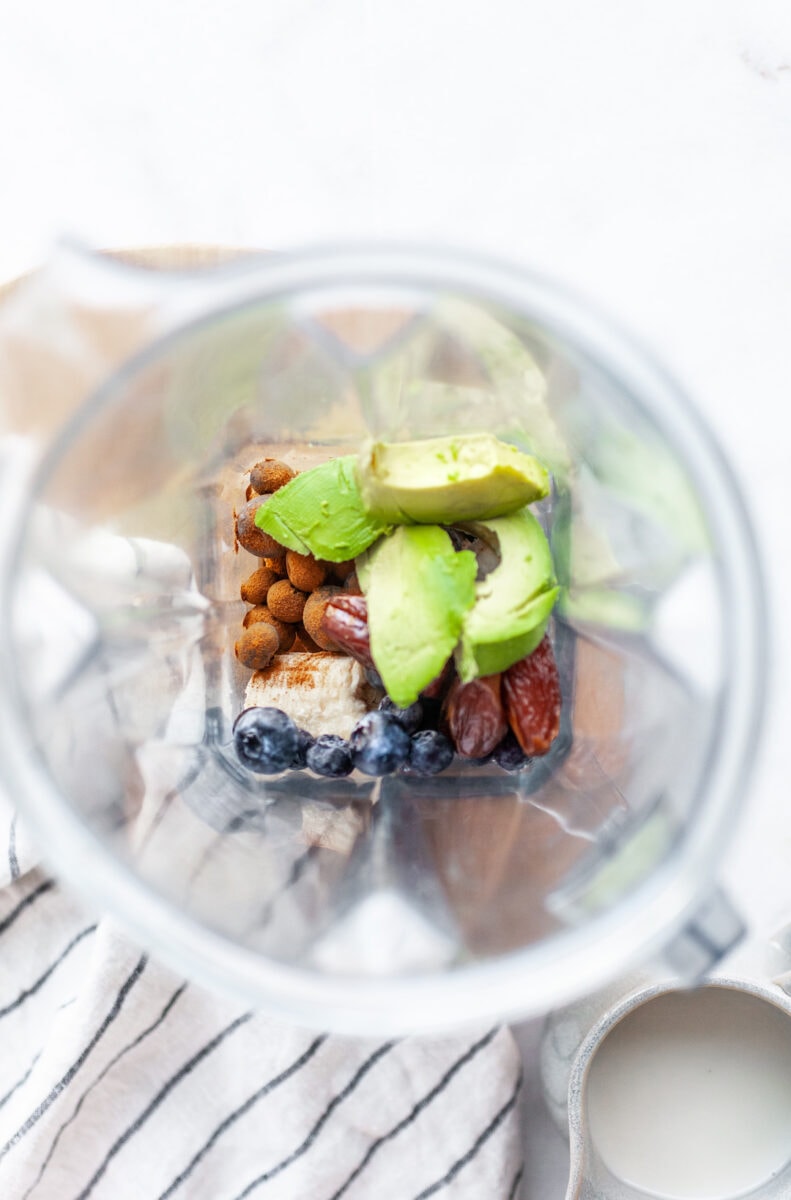 Ingredients for Creamy Blueberry Avocado Smoothie in the Vitamix Blender