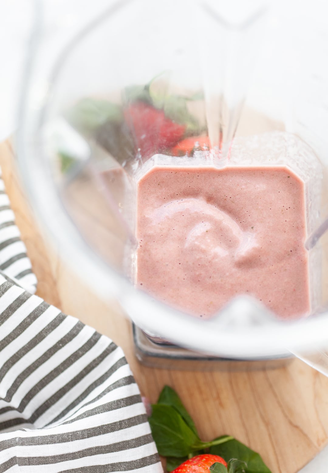 Blended Easy Strawberry Banana Spinach Smoothie in a vitamix