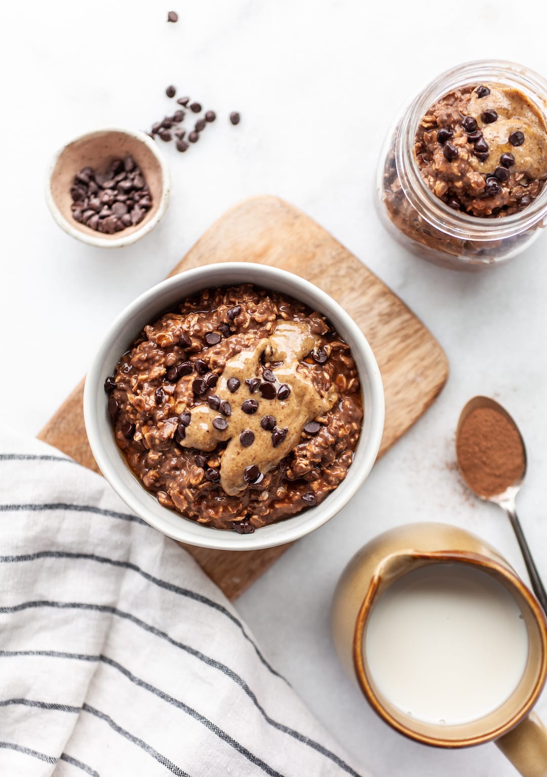 Overhead shot of Healthy Chocolate Overnight Oats on a marble background