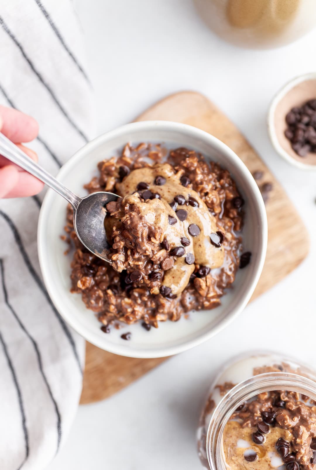 Spoon scooping a spoonful of Healthy Chocolate Overnight Oats