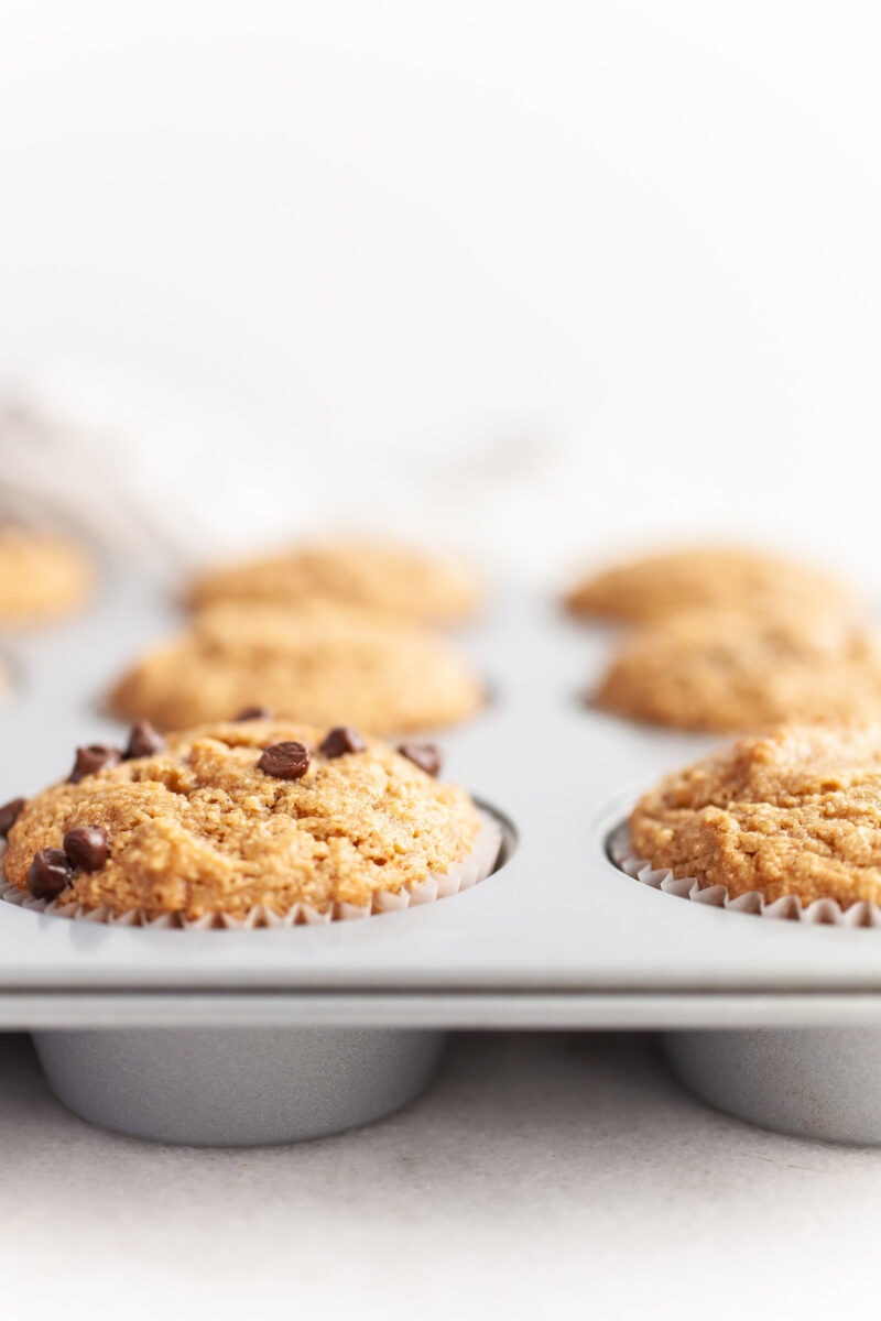 Side view of muffin tin with Easy Almond Flour Banana Muffins