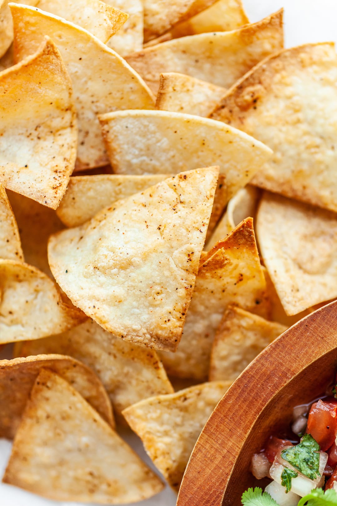 Close up of air fryer tortilla chips