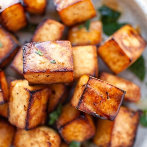 Close up view of Crispy Air Fryer Tofu pieces