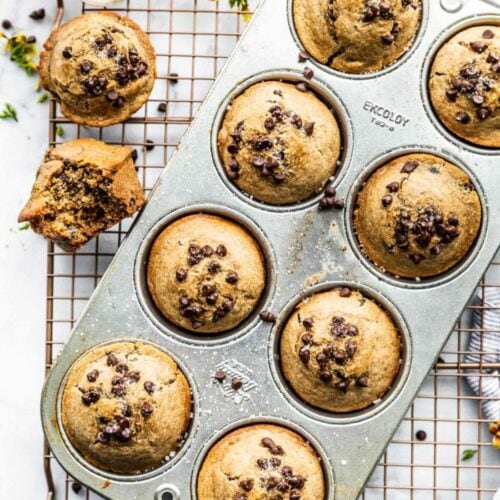 Tray of chocolate chip protein muffins