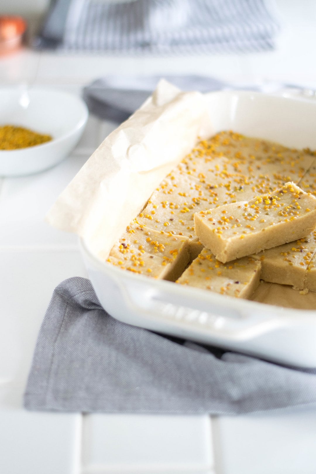dish with honey and bee pollen fudge bars
