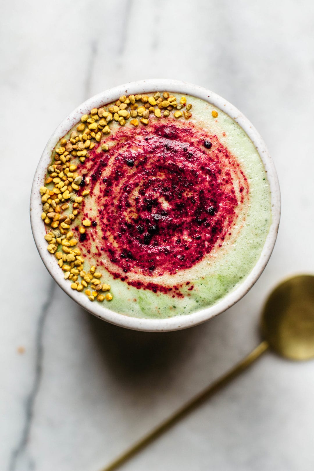 matcha beetroot latte topped with bee pollen