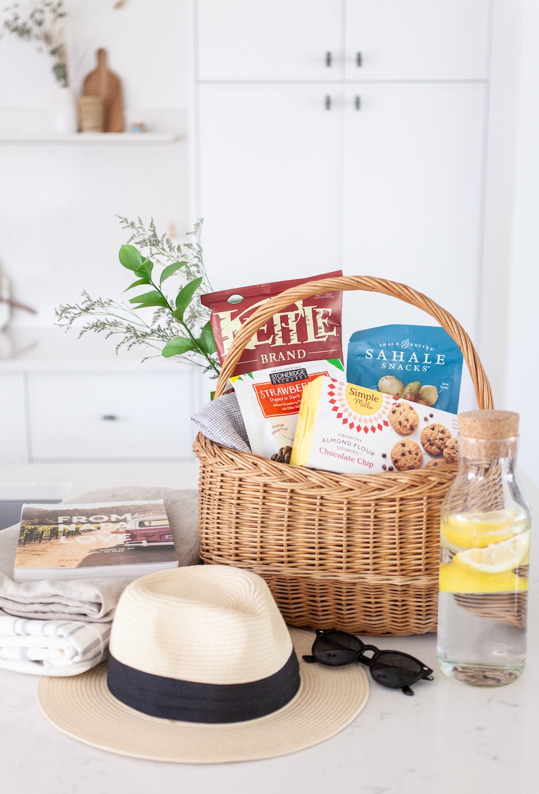 Basket on a kitchen counter filled with snacks