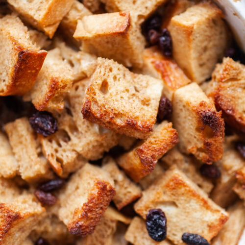 close up of cooked gluten free bread pudding with raisins